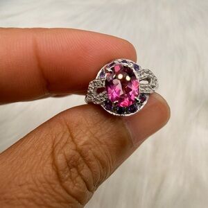 10k White Gold Royal Pink Topaz Diamond & Tanzanite Ring Size 7.25.